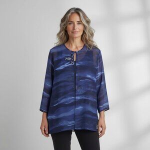 K.D. Spring Sheer Navy & White Batik Fish Print Jacket Artsy Rayon Crepe Size M